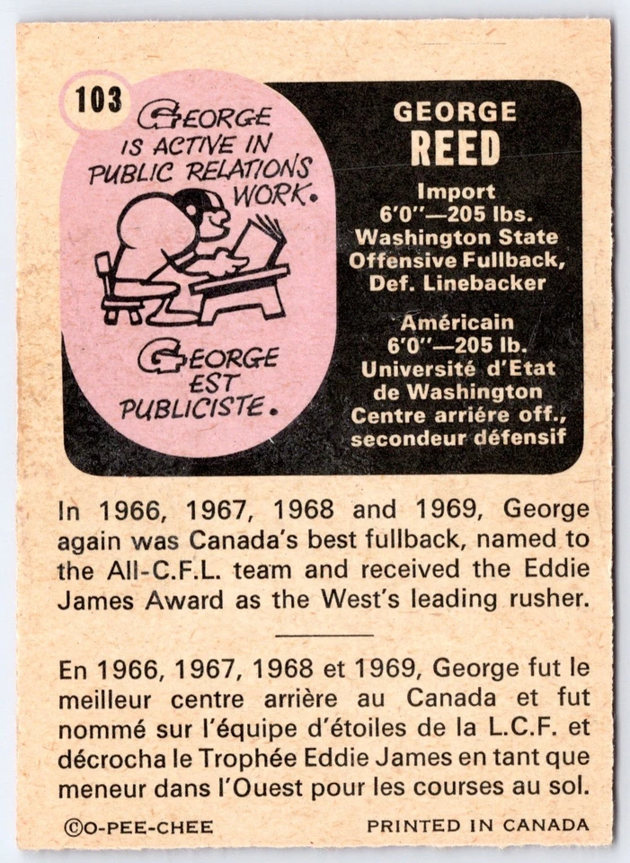 GEORGE REED 1971 O-PEE-CHEE CFL FOOTBALL #103 EX+              74425 - Image 2 of 2