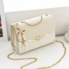 White Gold Evening Bag Clutch Purse w/ Gold Chain Strap, Pearl Charm Bow