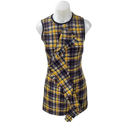 MSGM Black Yellow Plaid Tartan Wool Ruffle Sleeveless  Mini Sheath Dress Sz 8