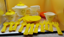 Fisher Price dish set utensils tea pot cups plates vintage yellow white orange