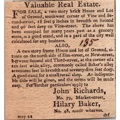 Valuable Brick House & Lot John Richards 1806 Philadelphia Clipping SAJ5-S45