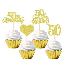 24 PCS 50th Anniversary Cupcake Toppers 50 Gold Wedding Anniversary Cupcake P...