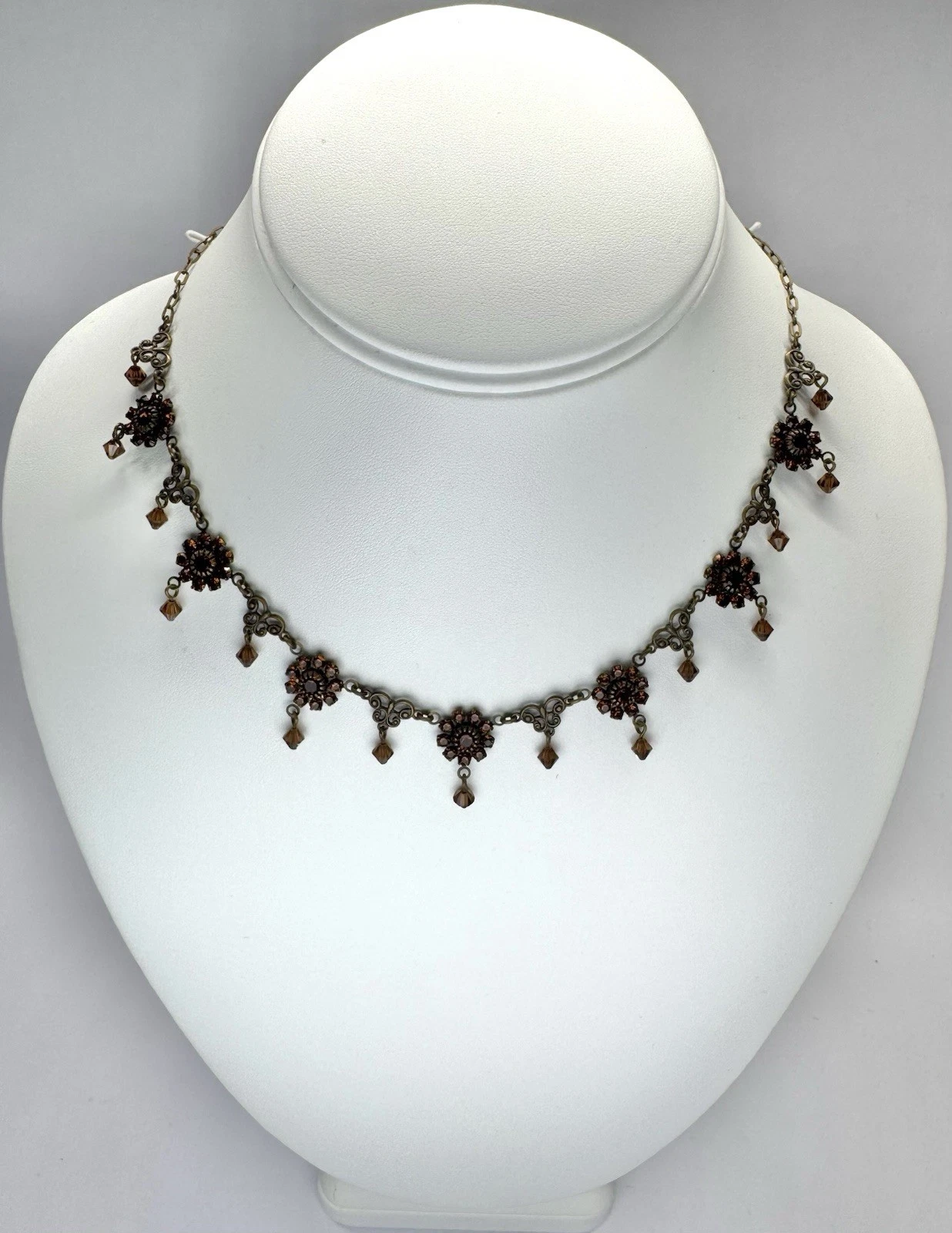 LIZ PALACIOS Brass Brown Swarovski Crystal Bead Floral Vintage Necklace N115
