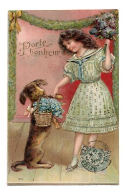 Embossed postcard . Dog, DACHSHUND . Lucky Charm