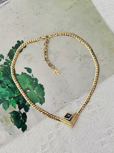 Christian Dior Vintage 1980s Diamond Sapphire Crystals Double Triangle, Necklace - Picture 3 of 12
