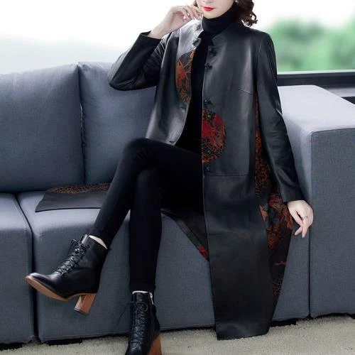 Gabardina para mujer floral retazos imitación cuero cortavientos larga ropa exterior talla L Foto 4 de 4