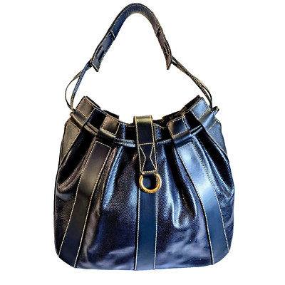 Lancel RARE Deep Blue Leather Drawstring Bucket Bag with Chain Wallet 12x13''