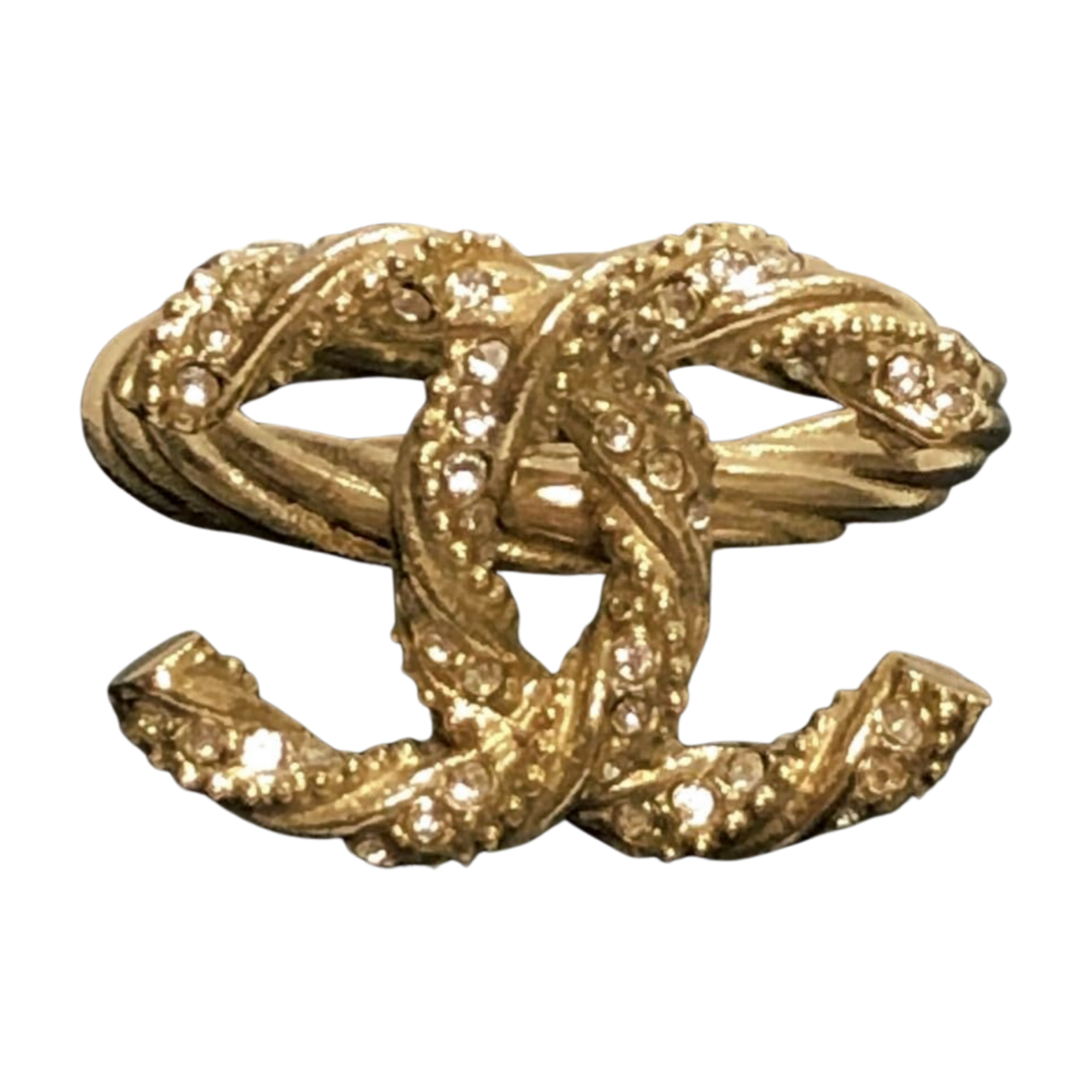 CHANEL CC Logo Twist Band Ring SIze US5 Rhinestone Gold Tone CHANEL CC Logo Twist Band Ring SIze US5 Rhinestone Gold Tone