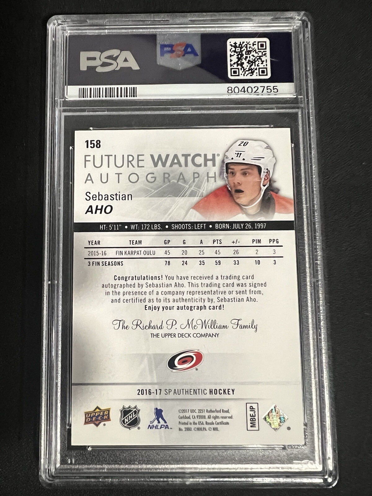 2016 SP AUTHENTIC SEBASTIAN AHO FUTURE WATCH ROOKIE AUTO /999 PSA 10 #158 view 2