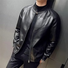 Men's PU Leather Jacket Fashion Baseball Collar Casual  Jackets Solid Color Mot
