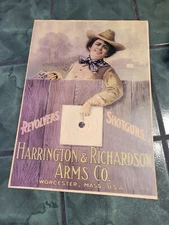 Vintage HARRINGTON RICHARDSON H&R revolvers shotguns woman target poster sign