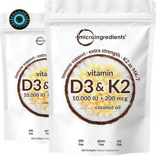 2 Pack Vitamin D3 10000 Iu plus K2 MK-7 200 Mcg 300 Virgin Coconut Oil Softgel