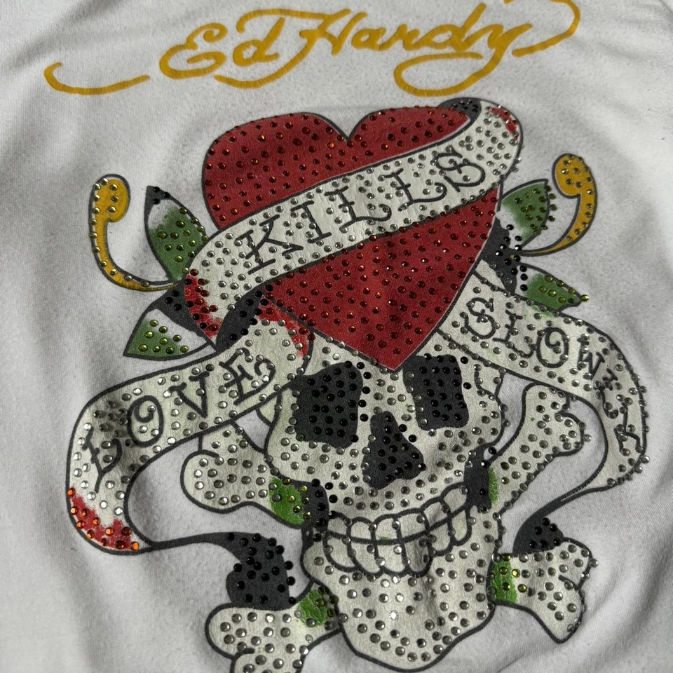 Camiseta De Colección Para Mujer Y2K Ed Hardy Ajustada Elastizada Manga Larga Blanca Talla S Foto 3 de 4