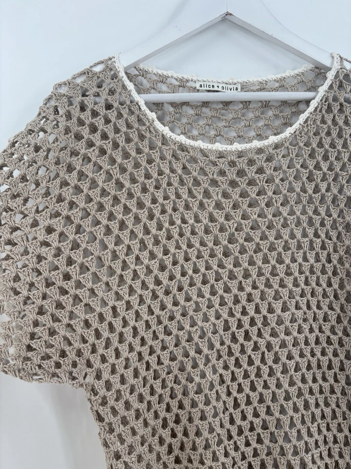 Blusa tejida Alice + Olivia para mujer mediana beige blanca abierta crochet lino algodón Foto 2 de 4