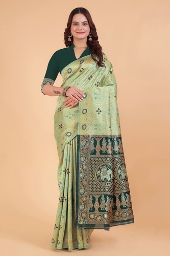 Sari para mujer Kota Litchi Jacquard borde verde claro con blusa sin costuras. - Imagen 3 de 7