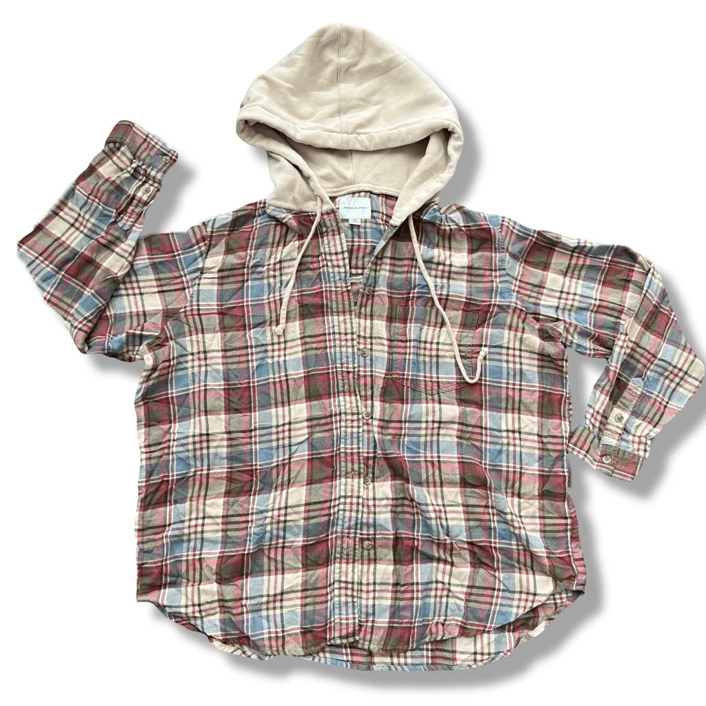 Ae oversized plaid hooded flannel shirt hot sale