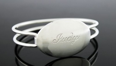 Tiffany & Co Sterling Silver Oval ID Double Wire Hook Bangle Bracelet Mono 6.5