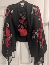 NWT Butef Scarf Black Roses Fringe Wool 80 inches L