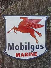 VINTAGE MOBIL MOBILGAS MARINE W/PEGASUS PORCELAIN SIGN 12"X12"