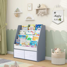 Solid Wood Toddler Bookshelf with Storage Bins   Montessori-Inspired Front-Facin