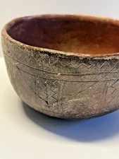 Antique Original Native American Indian Pottery Bowl; Etched; Late 1800's