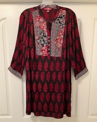 April Cornell Tunic Top, Patchwork Bodice, Red & Black, Medium - Excellent!