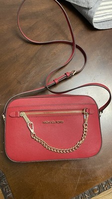 Michael Kors Red Shoulder Bag Gold Chain Accent Adjustable Strap Zip Closure