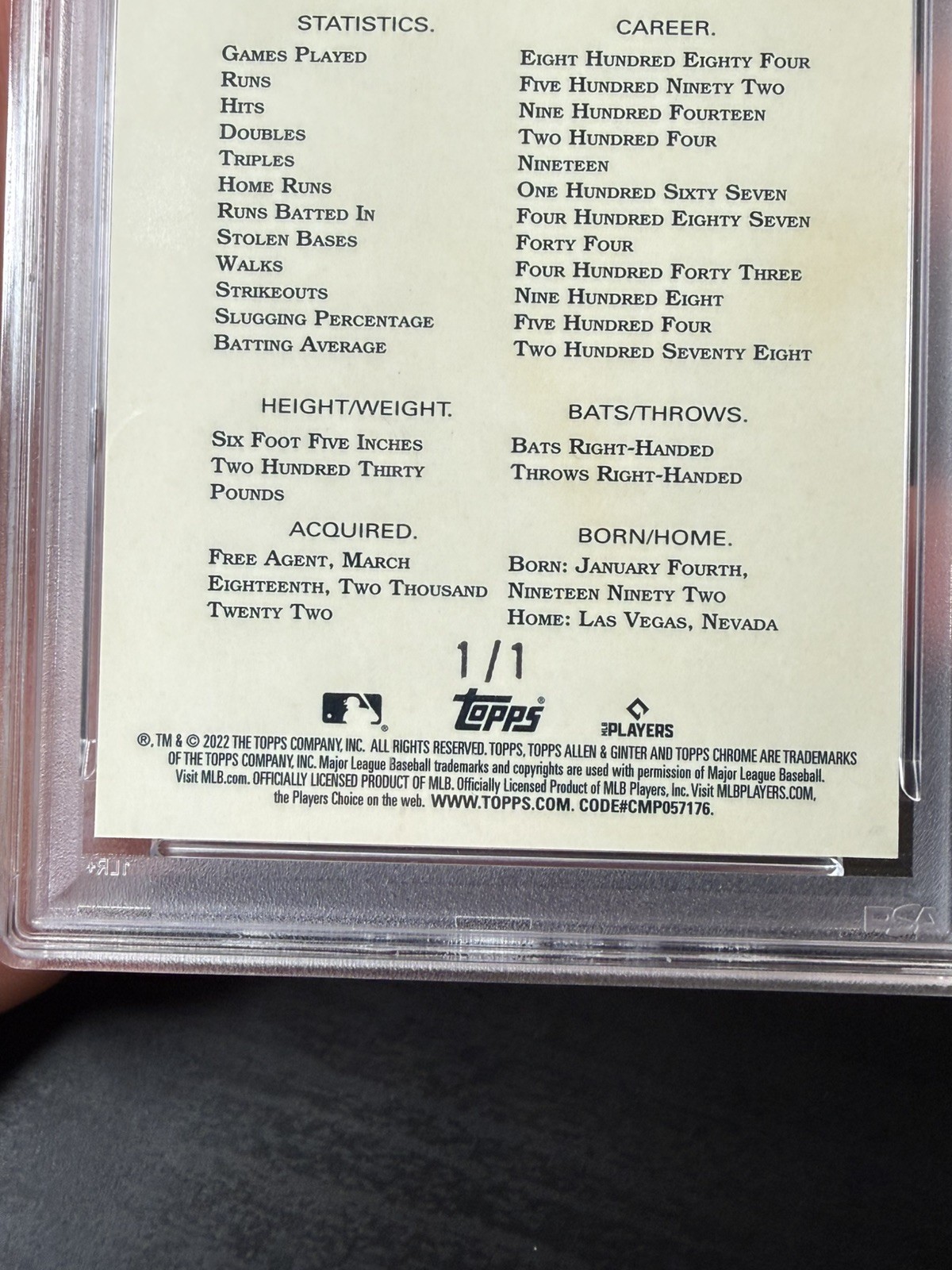 2022 Topps Allen & Ginter Chrome #24 Kris Bryant 1/1 Superfractor PSA Graded view 3