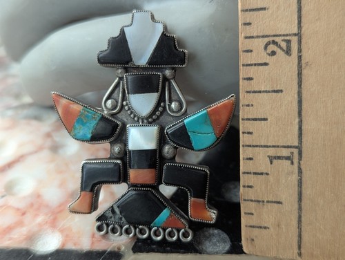 Large Vintage Zuni Art Handmade Sterling Multi Gem Inlay Knifewing Brooch Pin - Picture 2 of 23