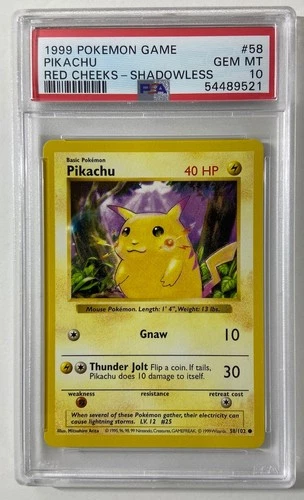 Pokemon Base Set 1999 Shadowless "RED CHEEKS PIKACHU" PSA 10 Gem/Mint #58/102.