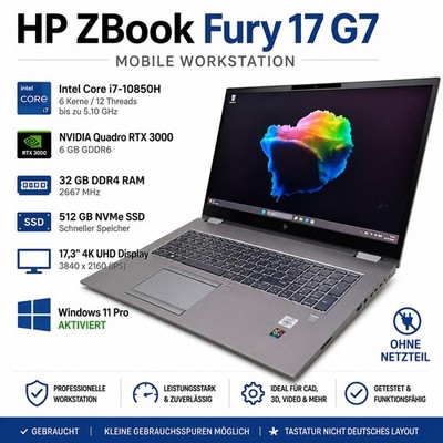 HP ZBook Fury 17 G7 | i7-10850H | 32GB RAM | 512GB NVMe SSD | RTX 3000 |4K #S384