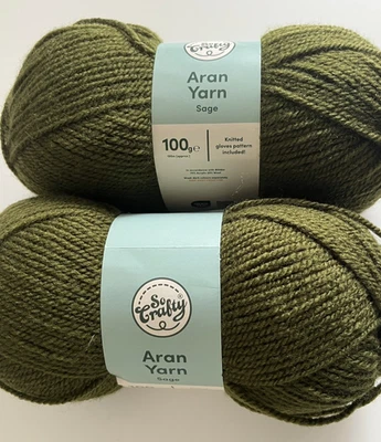 Dark sage green 2 x 100g balls aran yarn - So Crafty 200g knit wool 25% wool NEW