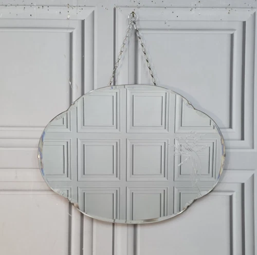 Vintage Etched Wall Mirror Art Deco Bevelled Scalloped Oval - Bird Design Retro