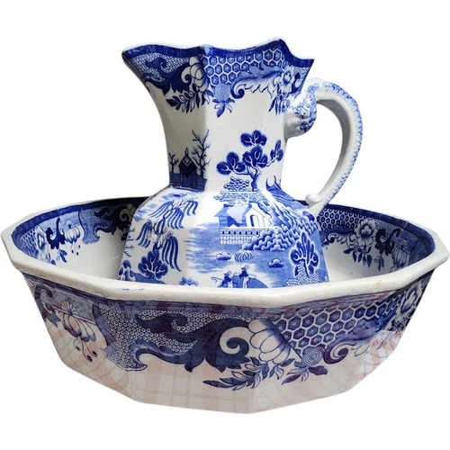 Antique Hanley England Blue Willow Ironstone Pitcher & Wash Basin Set Blue & Whi