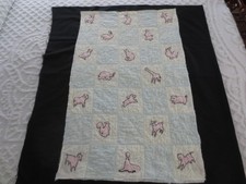 Vtg. JUVENILE ANIMALS Appliqued COTTON FLANNEL QUILT to Bind - 24" x 39"