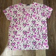 Cassandra O Love hearts Pink Black Breast Cancer Awareness scrub top Sz L EUC