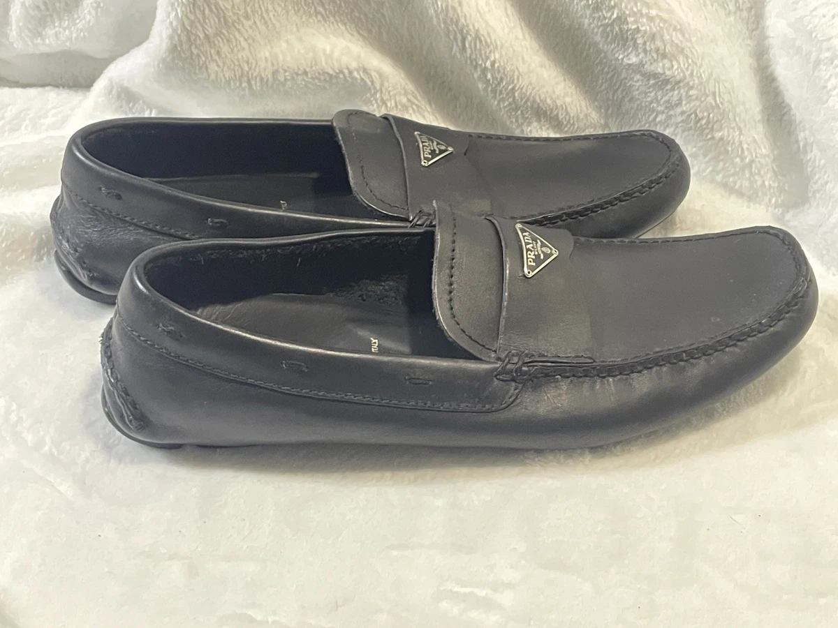 NEW Prada Black Leather Slip-On Casual Loafers with White Sole 9 Authentic Prada Shuffle Antiqued Leather Loafers | Saks Fifth Avenue main image 3