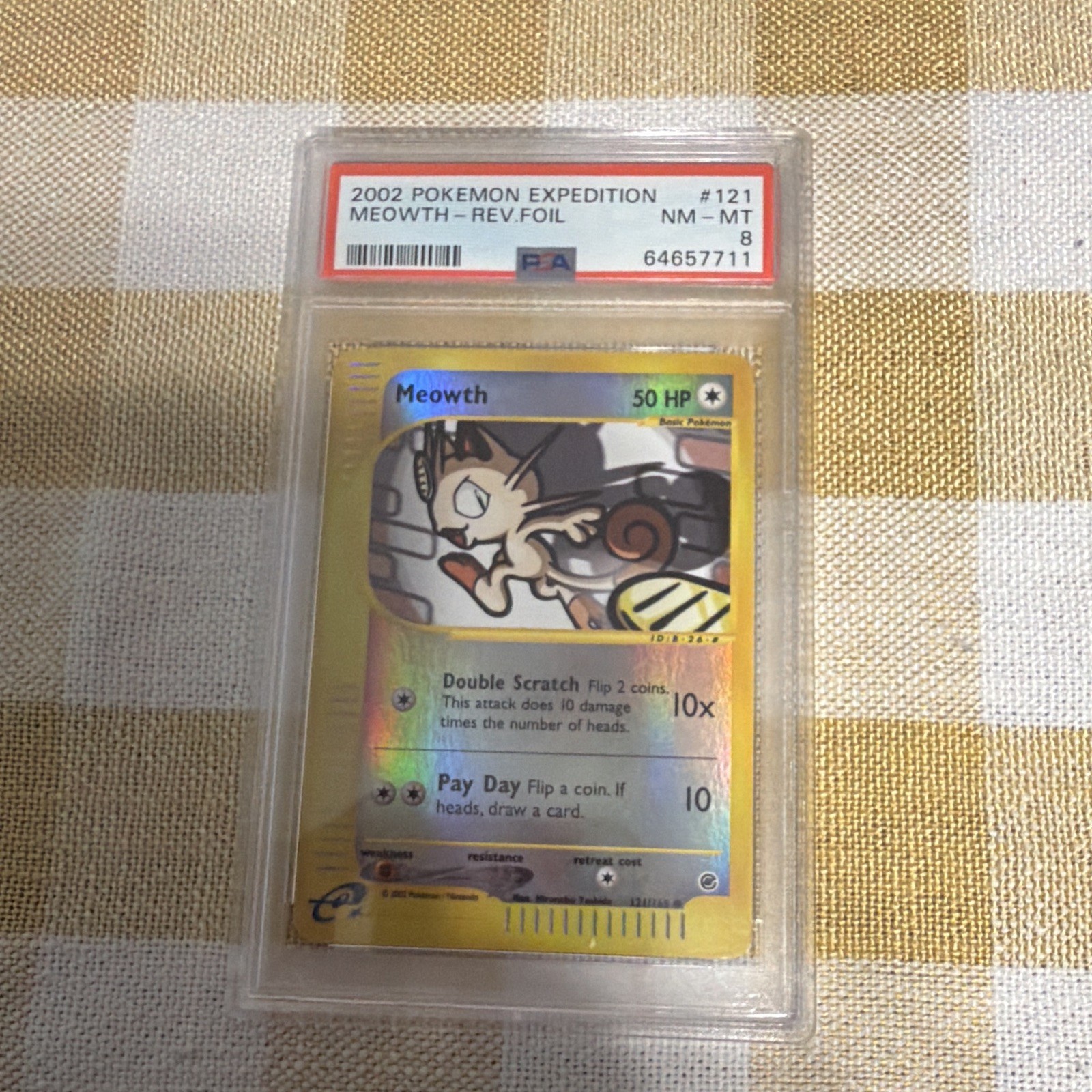 Pokemon 2002 Expedition Base Set Meowth 121/165 Reverse Holo Foil PSA 8