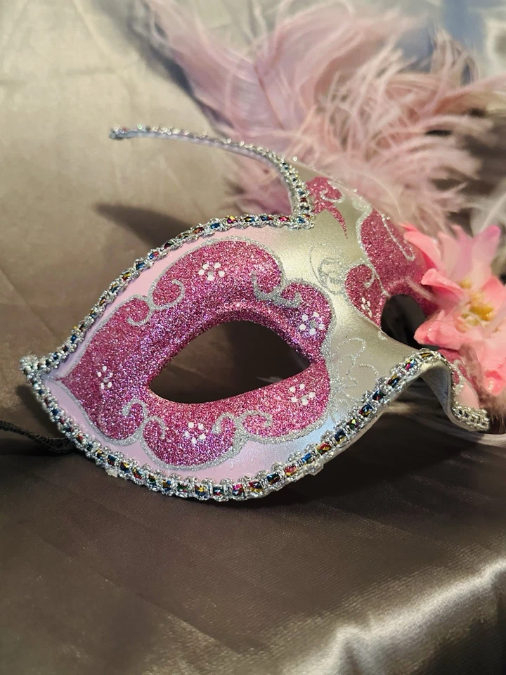 Pink Masquerade Mask With Feathers And A Flower - Image 3 of 3