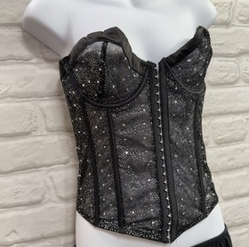Sheer Bustier Corset Top L Lace Up Rhinestone Shimmery Lingerie Boned Push Up