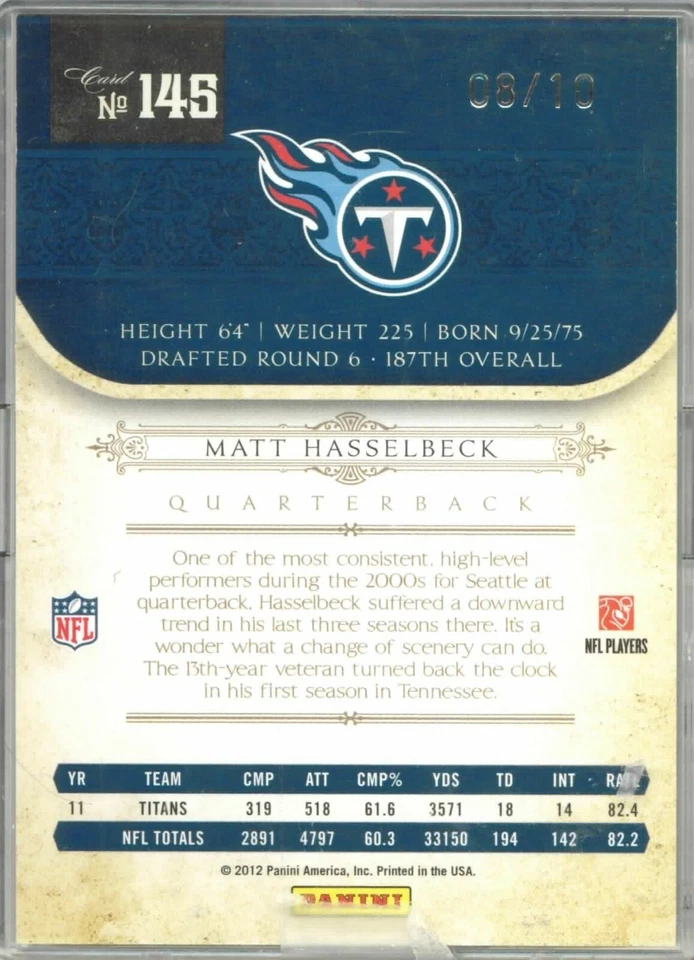 2012 National Treasures Matt Hasselbeck Century Gold Base #'ed 08/10 Jersey # - Image 2 of 2