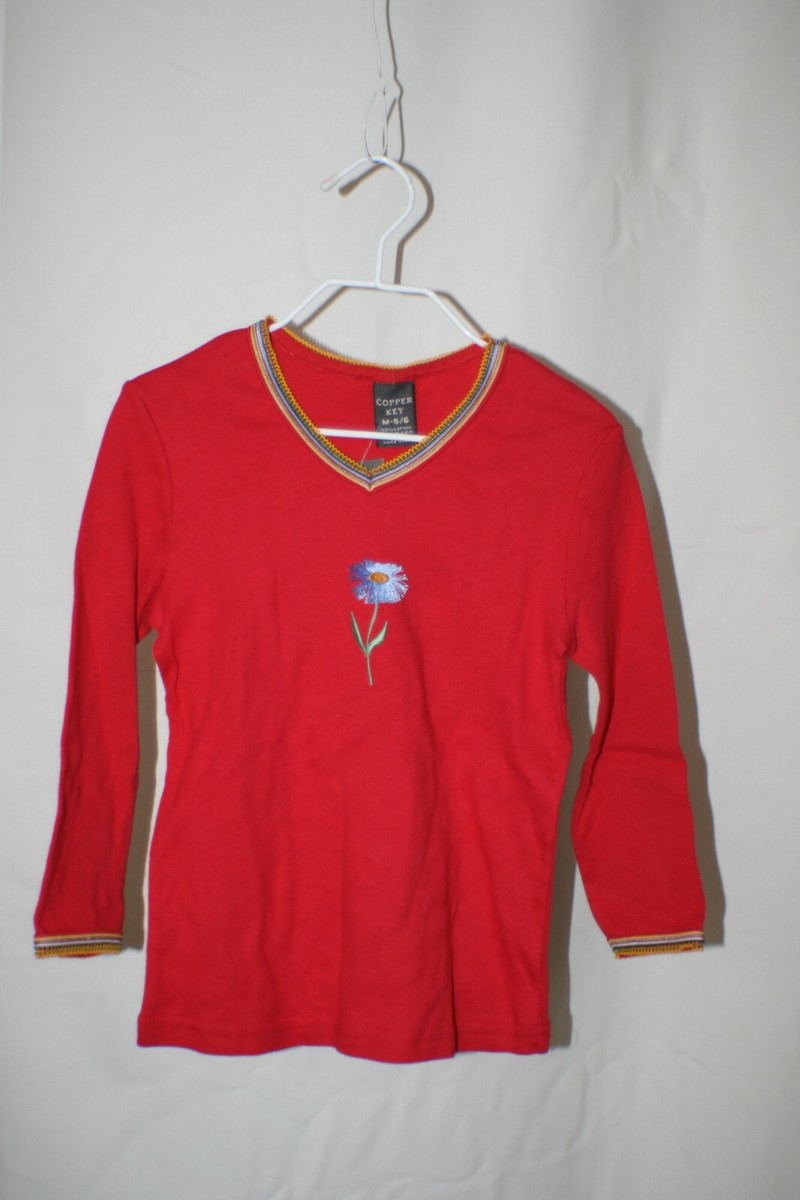 Copper Key Girls V-Neck Red Flower LS Top Sz M (5-6) Cotton ~ NWT