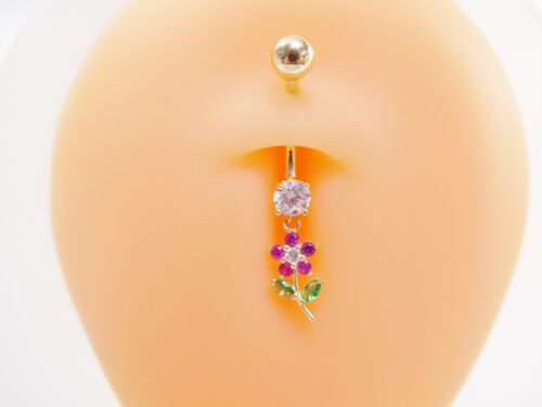 14K REAL SOLID YELLOW GOLD LEAF FLOWER BODY BELLY BUTTON RING PIERCING - Picture 1 of 9