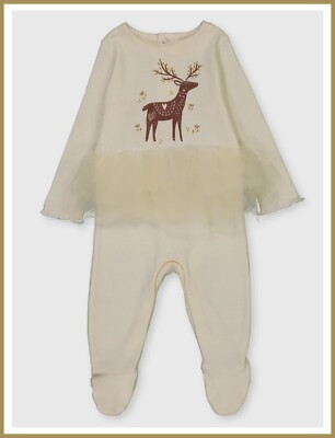 TU Baby Girls Cream Ribbed Tutu Sleepsuit Deer Design Babygrow 6-9 Months NEW