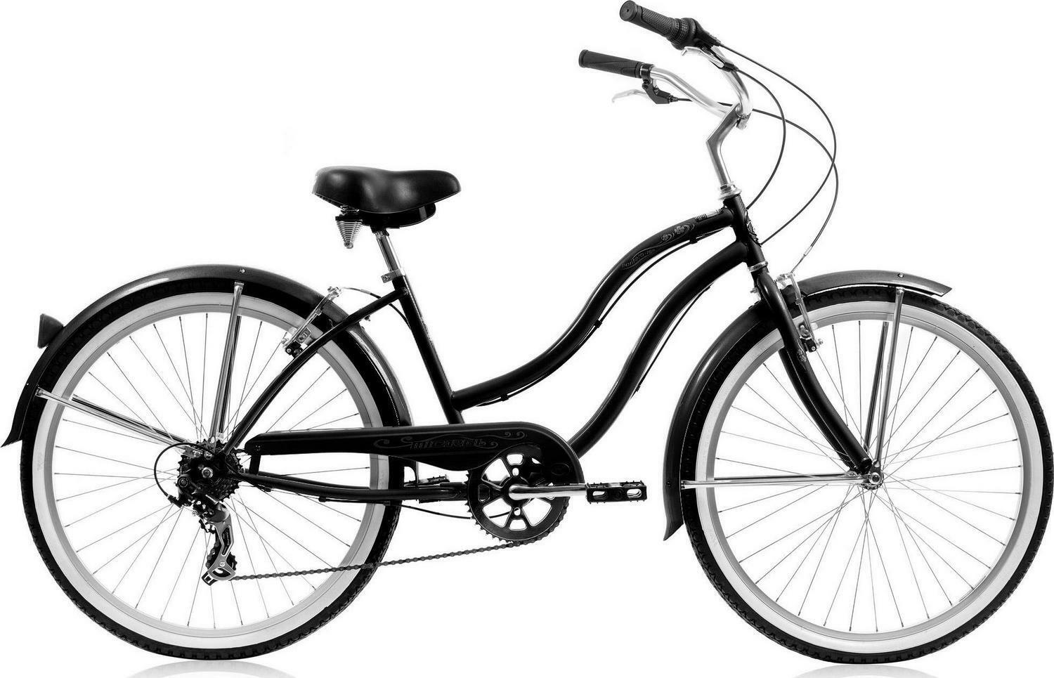 26 In Beach Cruiser Bike 7 Speed Bicycle V Brake Stainless Steel Spokes Black