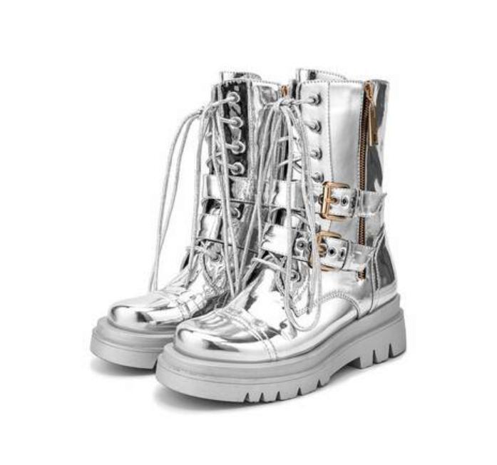 Women's Punk Metal Side zipper Mid-calf boots Shoes Square
