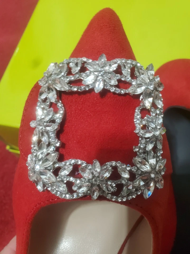 UNBRANDED, WOMEN'S NEW RED SUEDE RHINESTONE SLIP ON 3" HEELS, SIZE 7 - Image 4 of 4