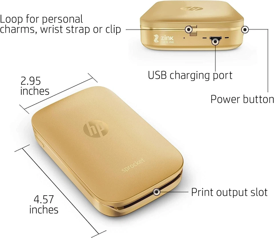 BRAND NEW! HP Sprocket Portable Photo Printer Gold (Z3Z94A) First Edition - Image 4 of 4