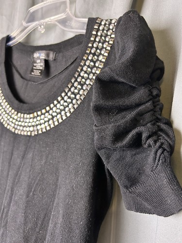 STYLE & CO Black Top Bling Neck Short Sleeve Stretch Knit Top Sz Petite S - EUC! - Picture 4 of 14