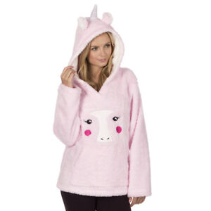 Womens Snuggle Fleece Pink Unicorn Hooded Pyjama Top Lounge Bed Jacket Girls